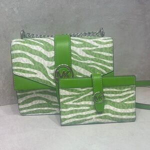 Michael Kors Greenwich Jungle Green Zebra Print Crossbody & Wallet Set